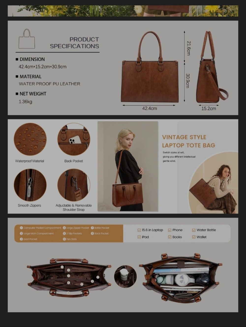 Vintage Style Leather Briefcase Laptop School Tote - Professional Carryall Purse - Picture 2 of 13